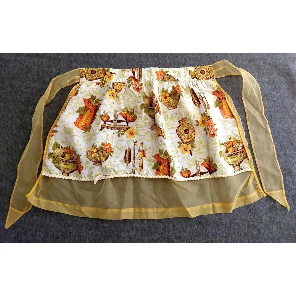 VTG HALF APRON Cotton Sheer Reversible Mod Classic 70s Orange Green Yellow Brown